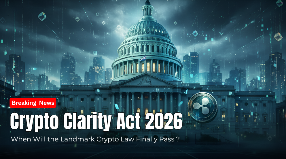 Crypto Clarity Act 2026 concept image showing the US Capitol building at night with digital crypto elements and Ripple symbol, highlighting landmark crypto regulation news.