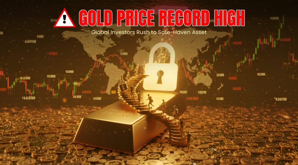 News 14 Gold Price Record High banner showing a gold bar with staircase and lock symbol, global stock charts and world map background as investors rush to safe-haven assets.