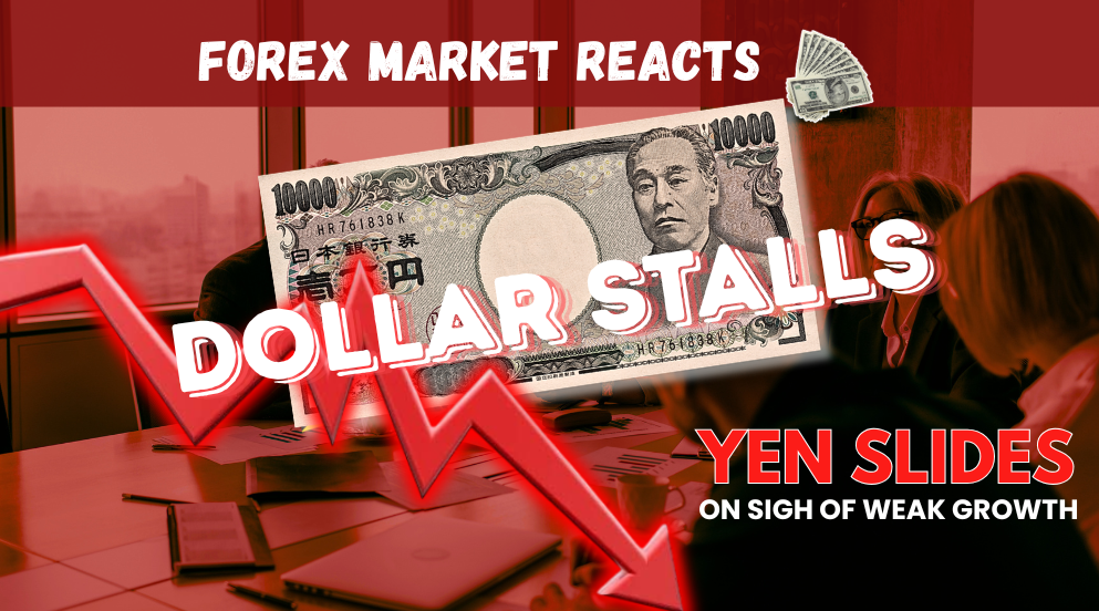 News 15 Dollar Stalls in forex market while yen slides on weak growth with downward trend arrow.